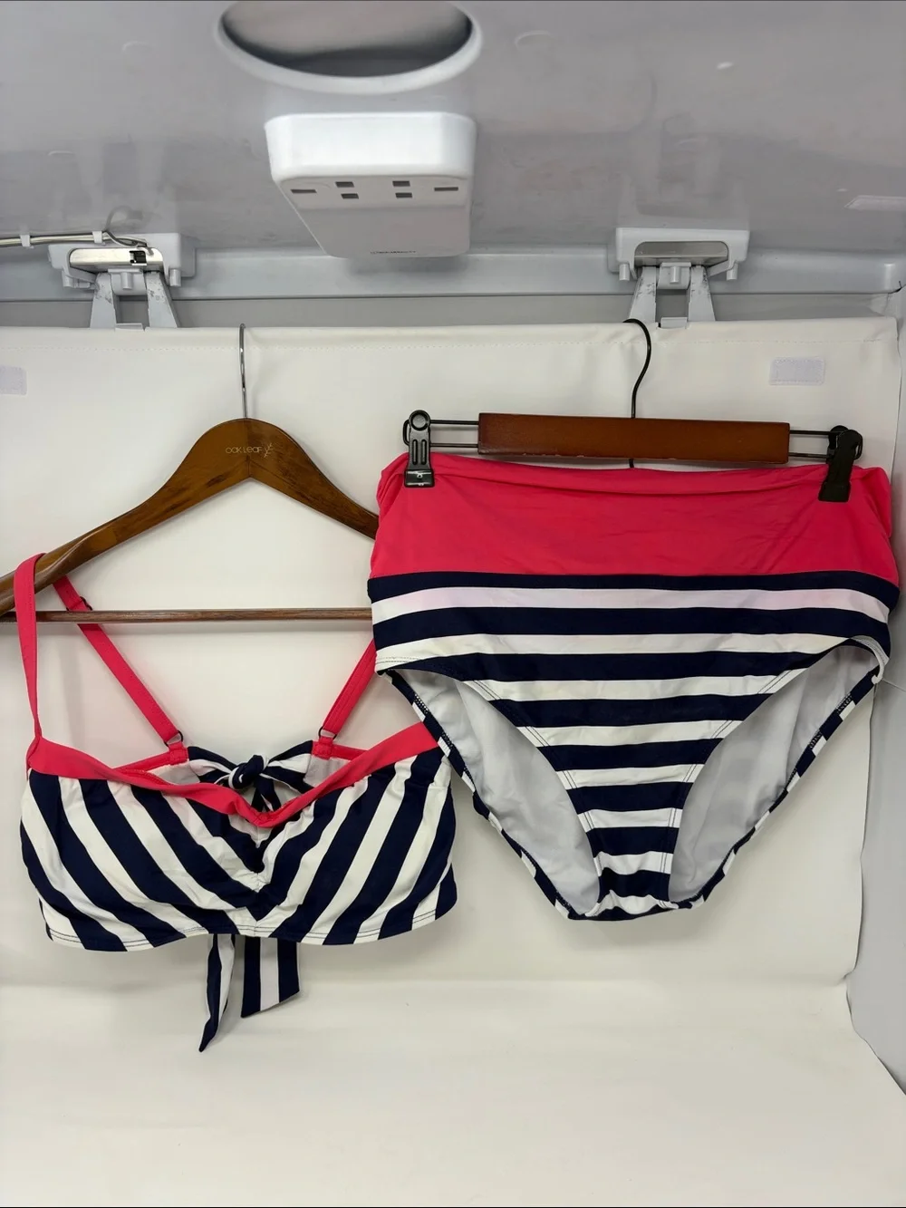 Beach House Navy Stripe High-Waist Bikini Set with Pink Trim Size 14